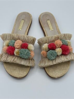 Louise et Cie Beige Raffia Pom-Pom Slide Sandals